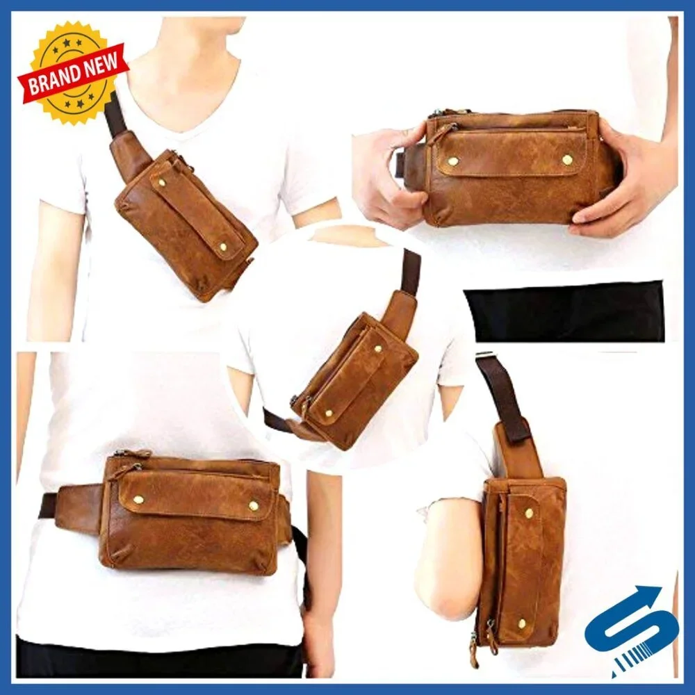 Genuine Leather Waist Bag Fanny Pack Adjustable Strap Travel Running